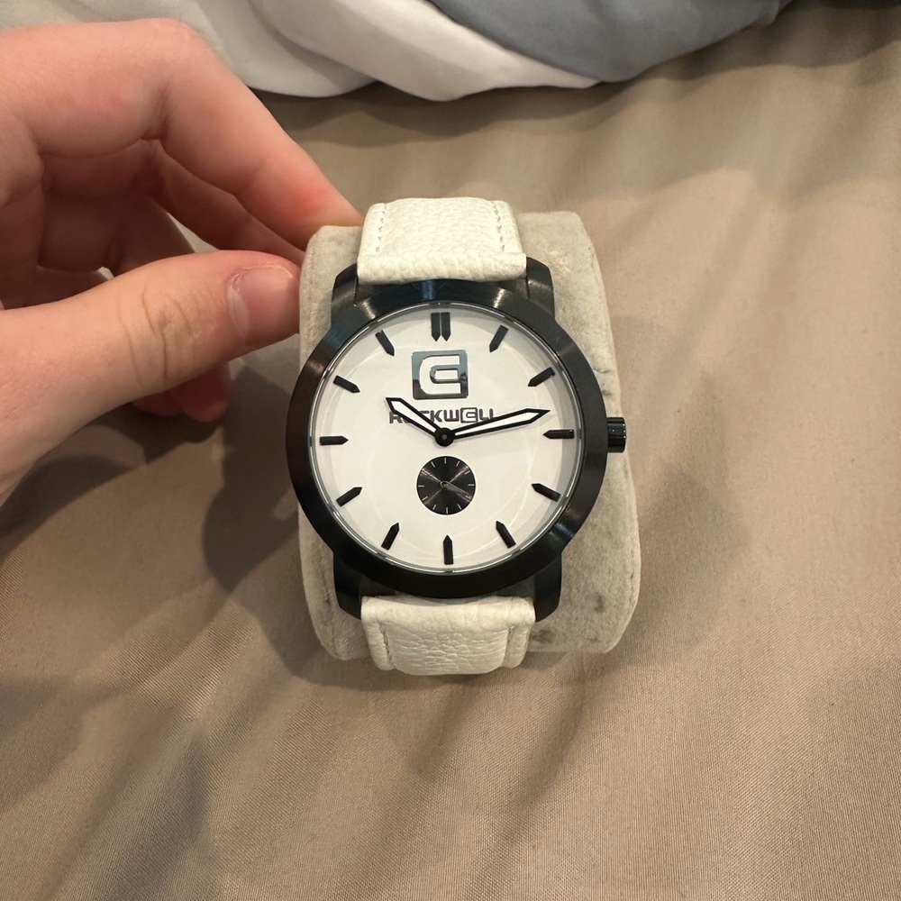 Rockwell Women’s White Leather Strap Watch with Black Accents